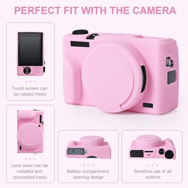 Mykt silikonkameradeksel med linsedeksel, ripe- og fallbeskyttelse for Canon G7X Mark III, rosa