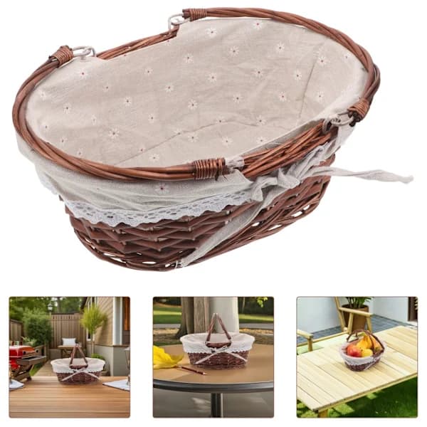 Wicker Picnic Basket - Oval Hand-Woven Storage Basket with Handle and Fabric Lining 1x 1x