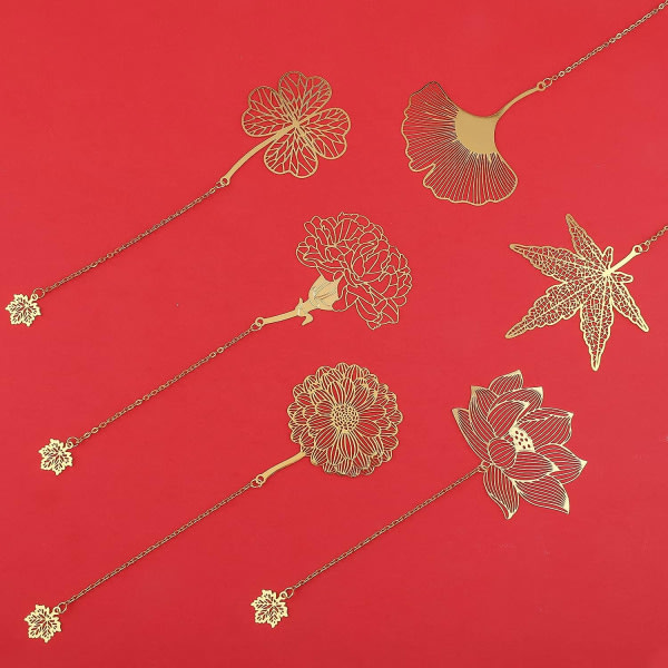 IC 6st gyllene metallbokmärken med kedja, ihåligt bokmärke Utsökt metallblad bokmärke Ginkgo nejlika blomma lönnlöv för bokälskare Läsare Tonåring