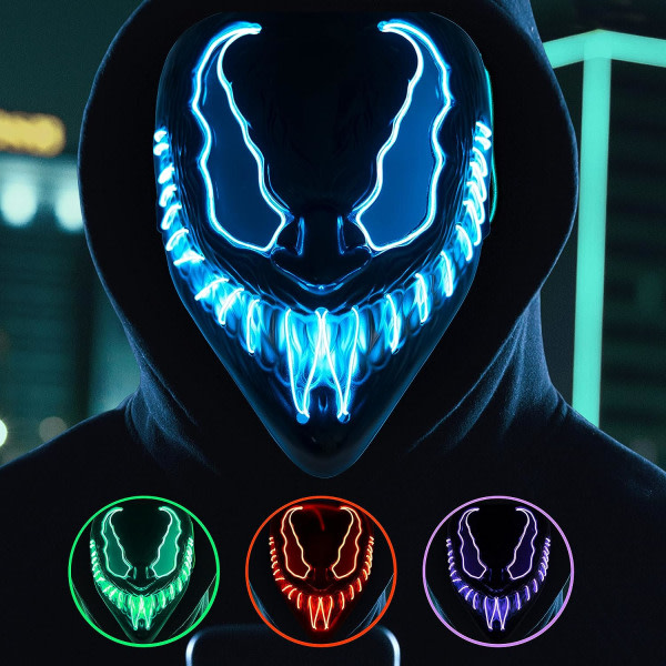 Coselena LED Halloween-maske med 3 lysindstillinger | Demon ansigtsmasker | Halloween kostume skræmmende maske Blå