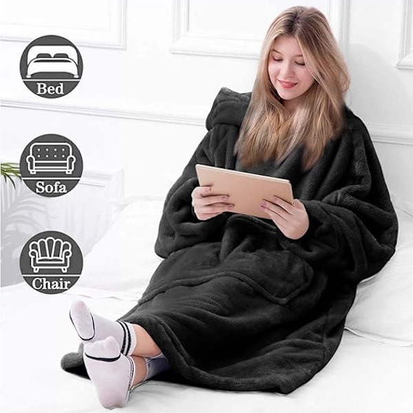 Hættetrøje-tæppe, Oversized Sherpa Hættetrøje, Bærbar Hættetrøje-tæppe, Super Blød Varmt Behageligt Tæppe-Hættetrøje, One Size Passer Alle Voksne Black