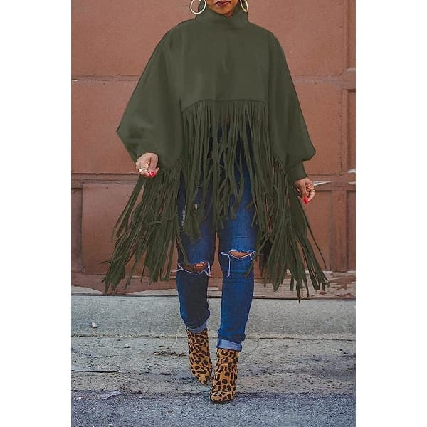 IC NRTHYE Dam höghalsad långärmad fransstopp Plus Size Tofs