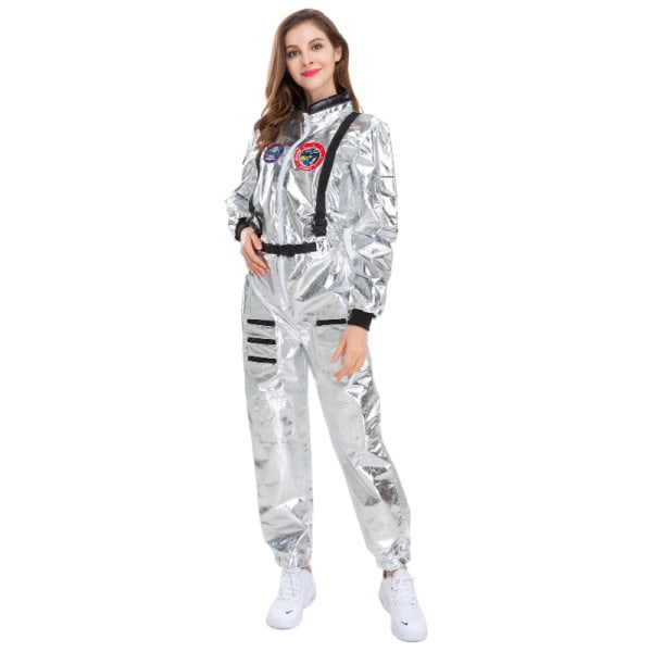 Jumpsuit för vuxna astronautkostym Silver rymdräkt för män med broderade lappar och fickor kvinnor L