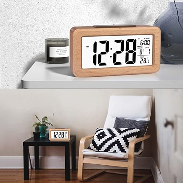 IC Lätt att ställa in digital väckarklocka i trä med temperatur
