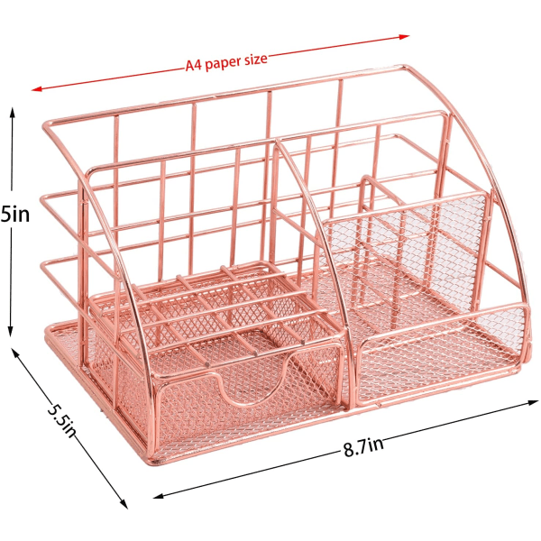 IC Skrivebordsarrangør til kvinder i roséguld, mesh skrivebordstilbehør til kontormateriale med 5 rum + 1 mini skuffe.