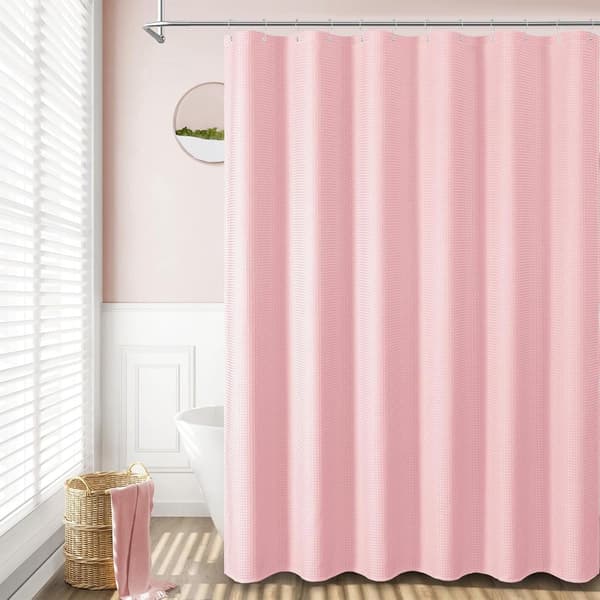 Tekstureret polyester badeforhæng, vandtæt maskinvaskbart med 12 kroge, pink, 180 x 180 cm, til hjemme- og hotelbadeværelser