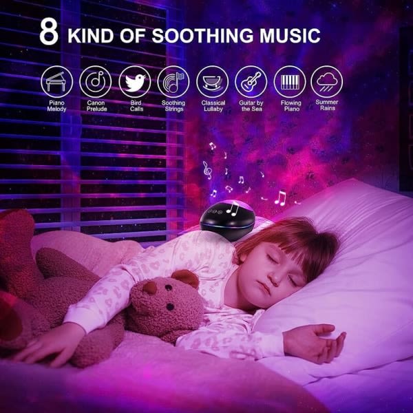 IC Projektiolämpy yövalona, kaukosäätimellä ja ajastimella, USB-ladattava, Bluetooth-projektiolämpy 8 väritilalla ja 8 luonnonmelodialla lapsille