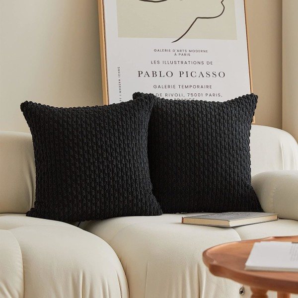 IC Set med 2 dekorativa överdrag i randig manchesterplysch, sammet, för soffa, 50 cm, 20 x 20 tum, svart
