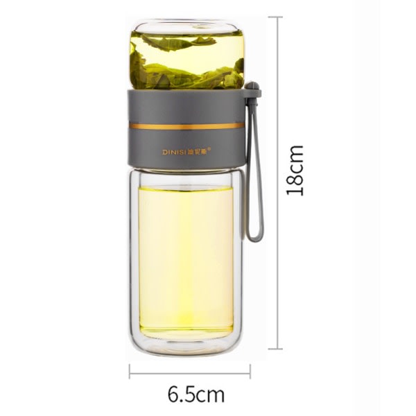 IC Dobbeltlags Glas Te Kande med Infusionsfilter Bærbar Te Kande til Løse Blade Te Rejse Kande med Si Temug til Dobbelt Brug - Grå