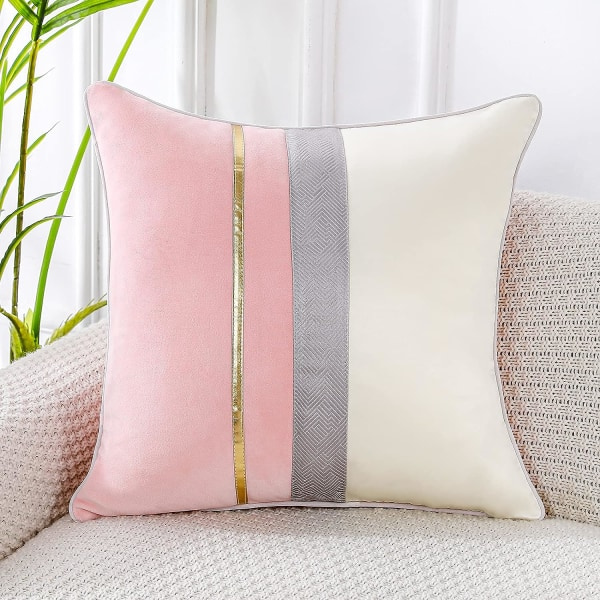 IC Patchwork vaaleanpunainen satiinimainen tyynynpäällinen kotelossa, jossa on kullanvärinen raita Moderni ylellinen neliömäinen tyynynpäällinen, 20x20 tuumaa