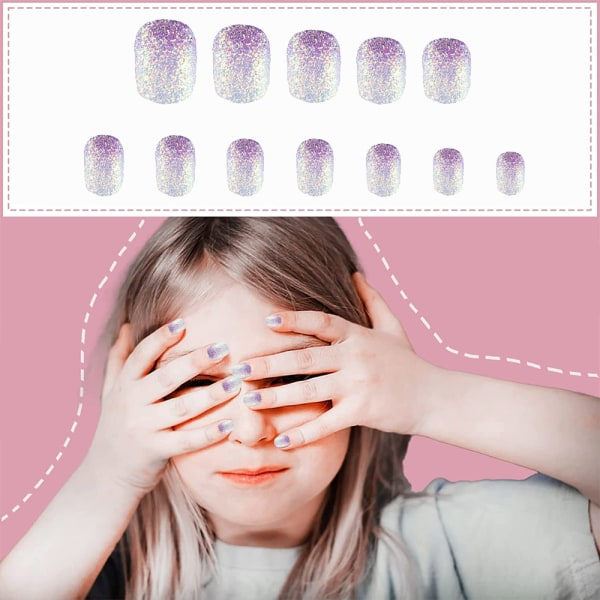 1 set 24 st Barn Naglar Korta Cover Falska Naglar för Små Flickor Gradient lila
