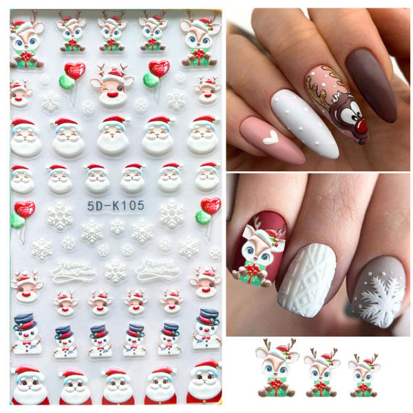 9-pack 5D tredimensionella relief-jultomte, julgran, snö, älg, lim, nagelklistermärken