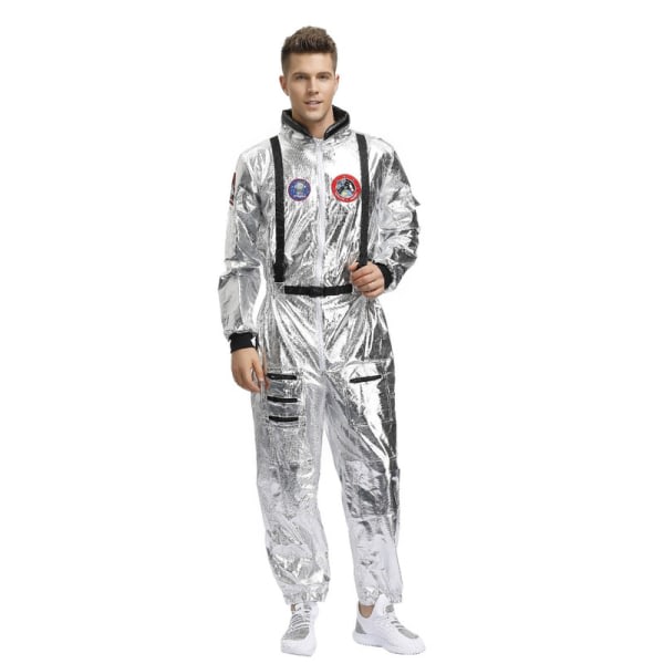 Jumpsuit for voksne astronautkostym Sølv rymdræk til mænd med broderede lappar og fikor mænd M