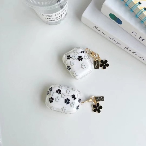 IC Airpods 2 & 1:a fodral Öronproppar Cover med nyckelring Airpods-tillbehör kompatibla (svart blomma)