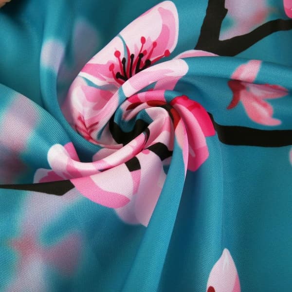 IC Kirsebærblomst dusjforheng, blomstrete turkis stoff Sakura Plomme