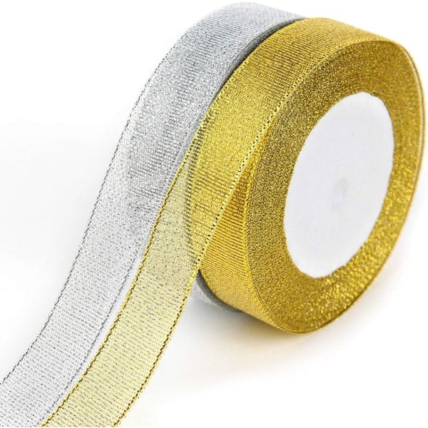 IC 2 rullar presentband guld ja hopea, 22 m satiininauha för att tillverka rosettinauha koristeellinen nauha för bröllop