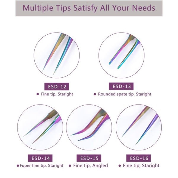 IC Regnbue Rustfrit Stål Pincet Sæt Antistatisk Præcision Pincet Sæt Til Vippeforlængelse Ansigtshår Øjenbryn Neglekunst, 5 stk