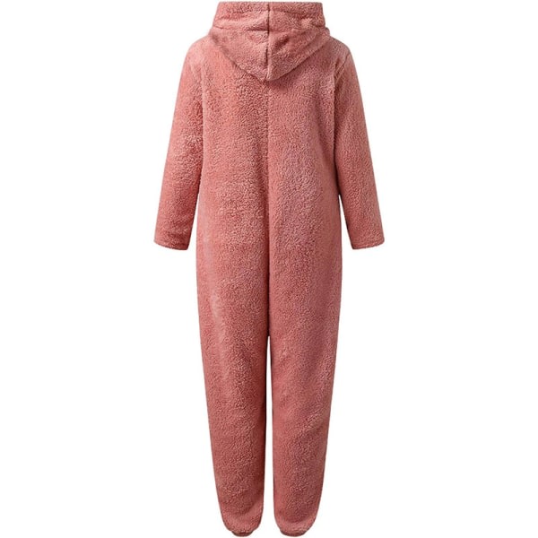 Hættetrøje med lynlås til kvinder Plys langærmet pyjamas Onesies i ét stykke PINK L