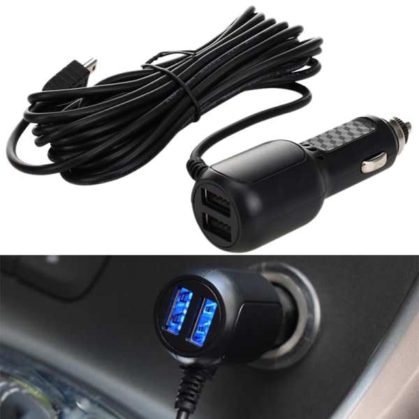 IC 3,5 meter 5V 3,5A dobbel USB-billader med 2 USB-porter for bil D Svart