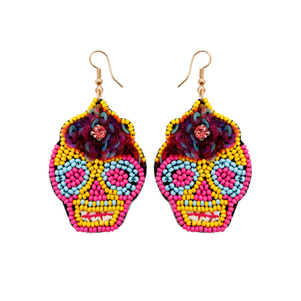 IC Halloween-elementer Perleørering - DIY Håndvævede Paljetter Skull GSLHOst Head Rice Bead Øreringe til Halloween-fest, Gul
