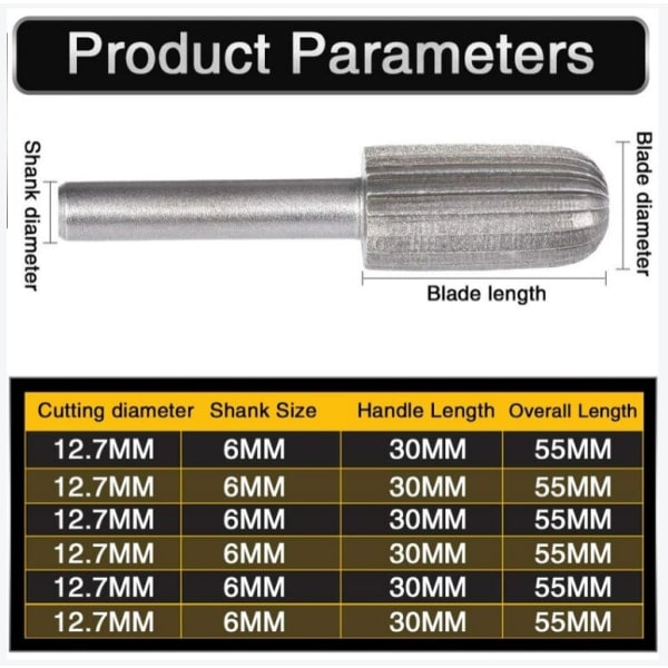 IC 6-pak 6 mm dobbeltslebne wolfram-roterende burr Tungsten skaft Fil-/gravering-/slib bits til roterende værktøjer