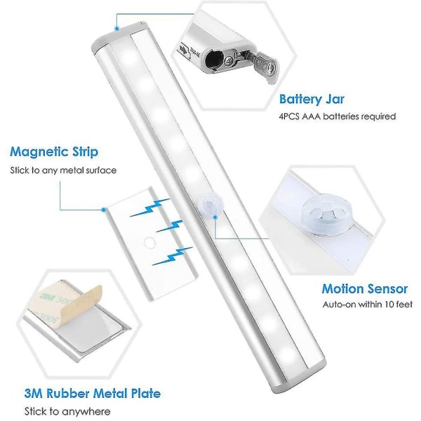 Bevægelsessensor Lysbjælke, (10 LED, 3-pak) Garderobe Trådløs Lampe