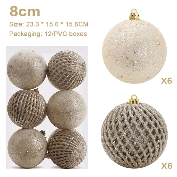 IC 12 stk. Julekuglepynt 8 cm Glitter Sequin Skumkugle Champagne farve