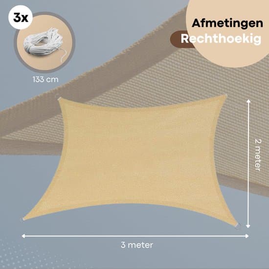 FOXLY Solseil 2x3m Rektangulær Krem, 95% UV-blokkerende HDPE-duk med tau og karabinkroker for terrasse, hage og balkong
