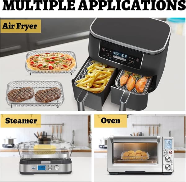 Sæt - med - 8 - dele - stativ - Rist - rustfrit - stål - Rektangulær - kurvbakke - klemmer - airfryers - dobbelt - Let