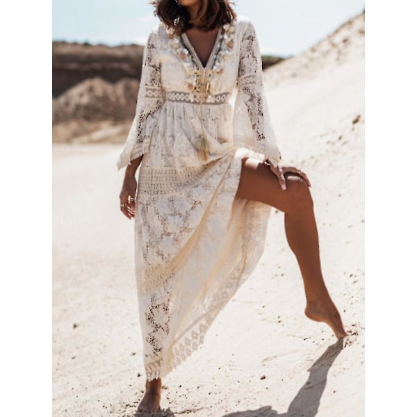 Sommar Boho Långklänningar Kvinnor Spets V-Ringning Spaghetti Rem Klänning Damer Off Shoulder Strandklänning Vit Klänning Vestidos De Mujer DHLYQ19 Beige DHLYQ19 Beige M