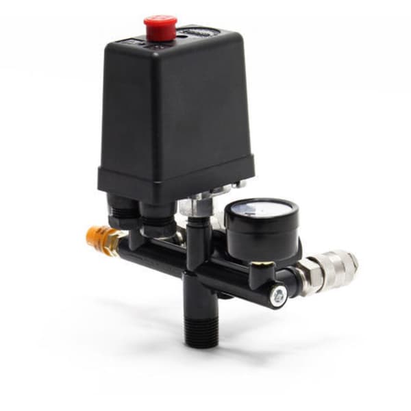 Tryckregulator 165 x 130 x 200 mm med tryckvakt för kompressor med 2 displayer, 2 anslutningar och säkerhetsventil, tryckreducerare