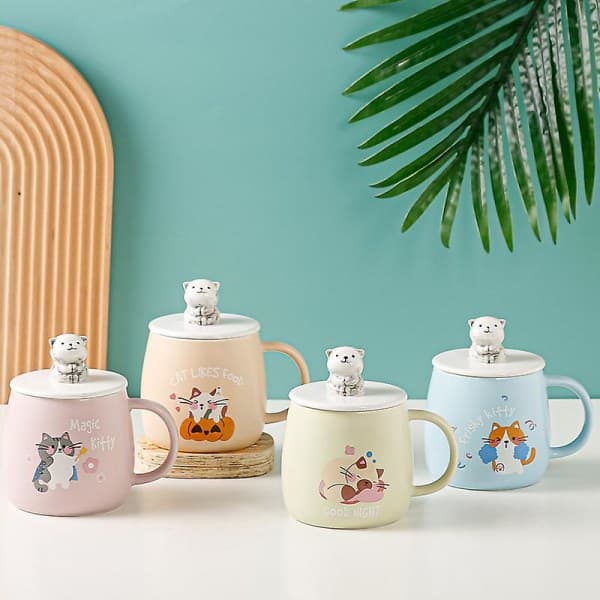 Kattmugg, söt keramisk kaffemugg, med 3D kattformat lock och sked 8,8x8,2cm (blå)