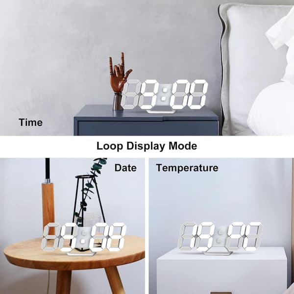 3D LED Digital Väckarklocka Med Snooze Dimbar Display Temperatur Datum Fjärrkontroll för Sovrum Skrivbord Vägg Vit