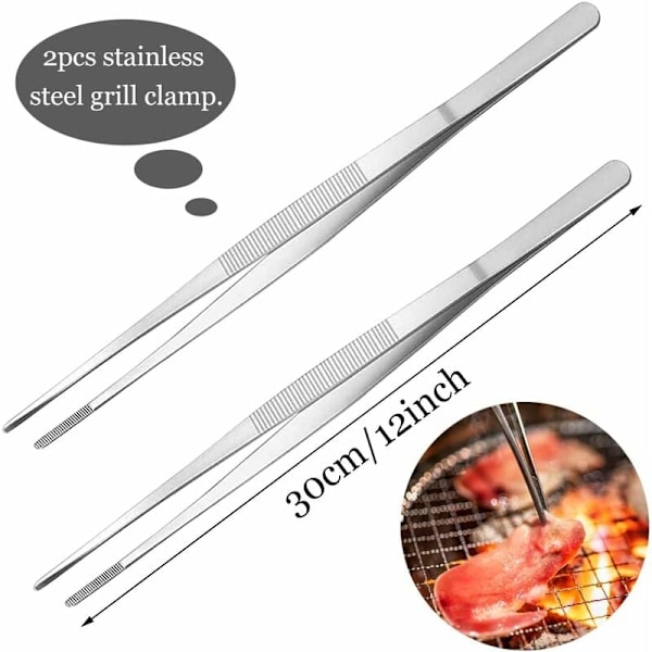 Pakke med 30 cm fødevaregodkendte køkkentænger i rustfrit stål, kødtænger med rillet gribeflade, multifunktionelle grillpincetter, tænger til køkken