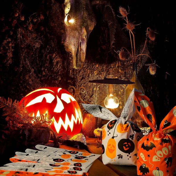 IC 100 ST Halloween godispåsar Godispåsar, Kids Trick or Treat-påsar Goodiebags, Söt kaninöra Små Halloween-kakor i plast presentpåse för Halloween