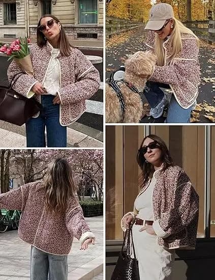 Blommig vadderad pufferjacka för dam med lång ärm, öppen front, lättviktig design och fickor för höst och vinter, storlek M M