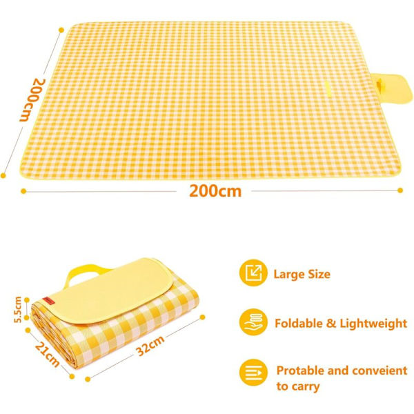 200 x 200 cm Picnic Tæppe, Vandtæt Fugtbestandig Stor Sammenfoldelig til Camping Rejser Strand Have Dug (Sammenfoldelig i Taske) - Gul