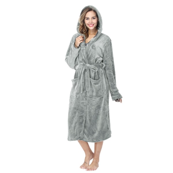 Vinterrock i varm fleece for kvinder med huva, lang badrock med luva i plysch Grey M