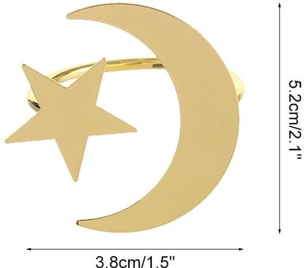 Servettringar i guld, 6-pack, Ramadan-design med måne och stjärna, robust bordsdekoration i metall för bröllopsmiddagar och Eid-banketter