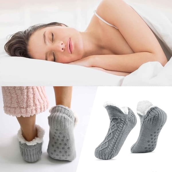 Fuzzy Fleeceforede skridsikre sokker, bløde varme polyester hjemmesko-sokker til kvinder, mænd og piger, indendørs lounge, grå, størrelse 38-42