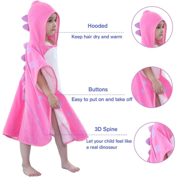 Badlakan med huva för baby Dinosaurie, strandhandduk för barn Pool Poncho SwimKids Frottéöverdrag 100 % bomull (Rosa#B, 1-3 år)