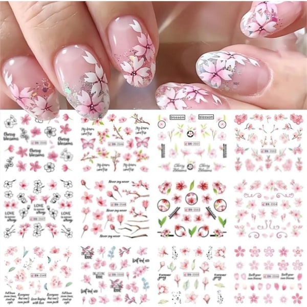 IC 12 st Rosa blomma Nail Art Stickers Dekaler Söta Cherry Blossom Nageltillbehör Akvarell Blommor Vatten Transfer Dekaler Tillbehör