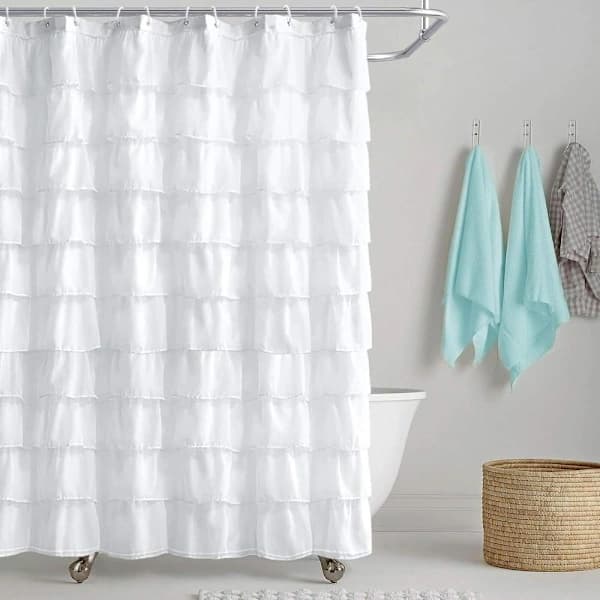 Hvit dusjforheng med rysjer, gjennomsiktig polyester, bondegård/boho baderomsinnredning, 72 x 72 tommer