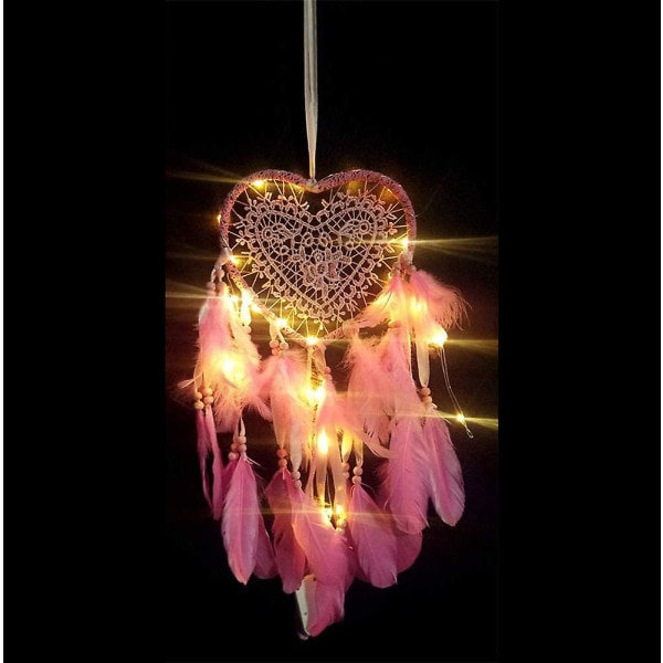 IC Hjerte Drømmfangere Boho Stil Håndlavet Led Lys Væghængende Romantisk Dekoration (Rosa)