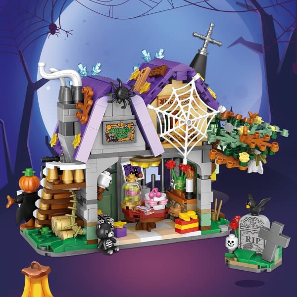 IC Halloween Haunted House Mini Bricks Byggleksaker - Ghost Vampire Building Kit til barn, Halloween-visningsmodeller Spökhusfestpresent