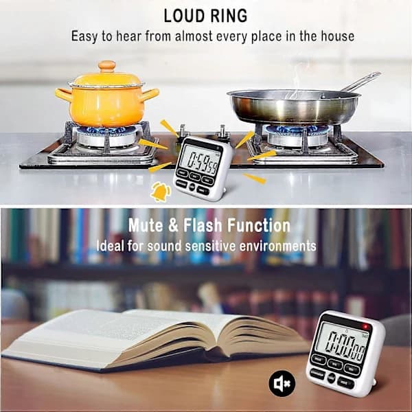 Digital køkkentimer med stort LCD-display og lydløs/alarmtilstand