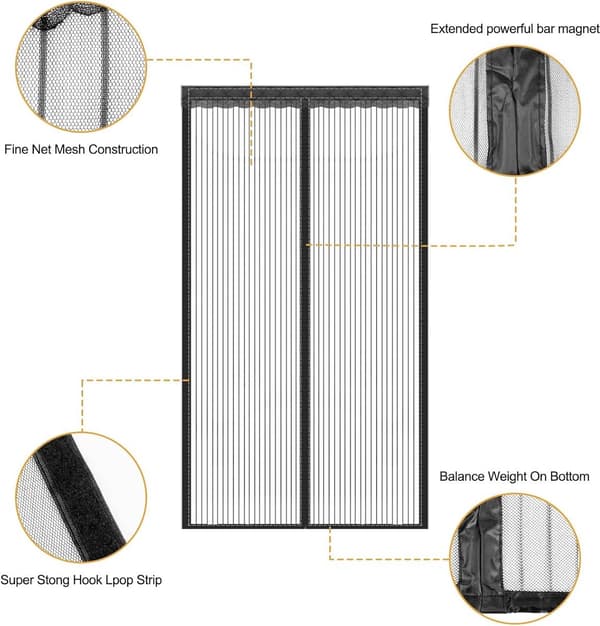 Magnetisk fluenetsdørgardin, borefri net med magnetisk lukning til balkon-, have- og terrassedøre, sort, 70 x 210 cm