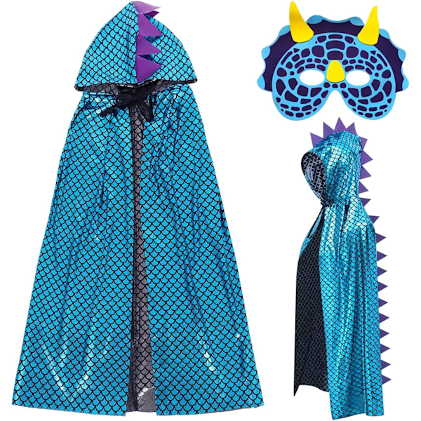 Karnevaali dinosaurus viitta lapsille, karnevaali cosplay lasten asu, viitta lohikäärmeellä, dinosaurusasu lapsille roolileikkeihin, halloween-teemajuhlat naamiaiset Dinosaur blue