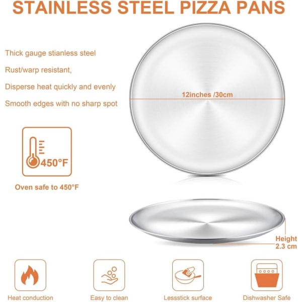 Pizzabakplåt Set med 2, 12 tums ugnsplåt i rostfritt stål, rund bakplåt, mindre fast, giftfri och hälsosam, tål diskmaskin
