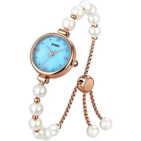 IC Klockor for women Elegant sæt Rose Gold Strass Watch med naturligt pärlor Armbånd Damarmband Klockor